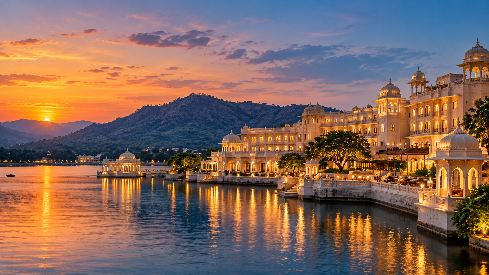 Luxury palace resort beside a lake at sunset