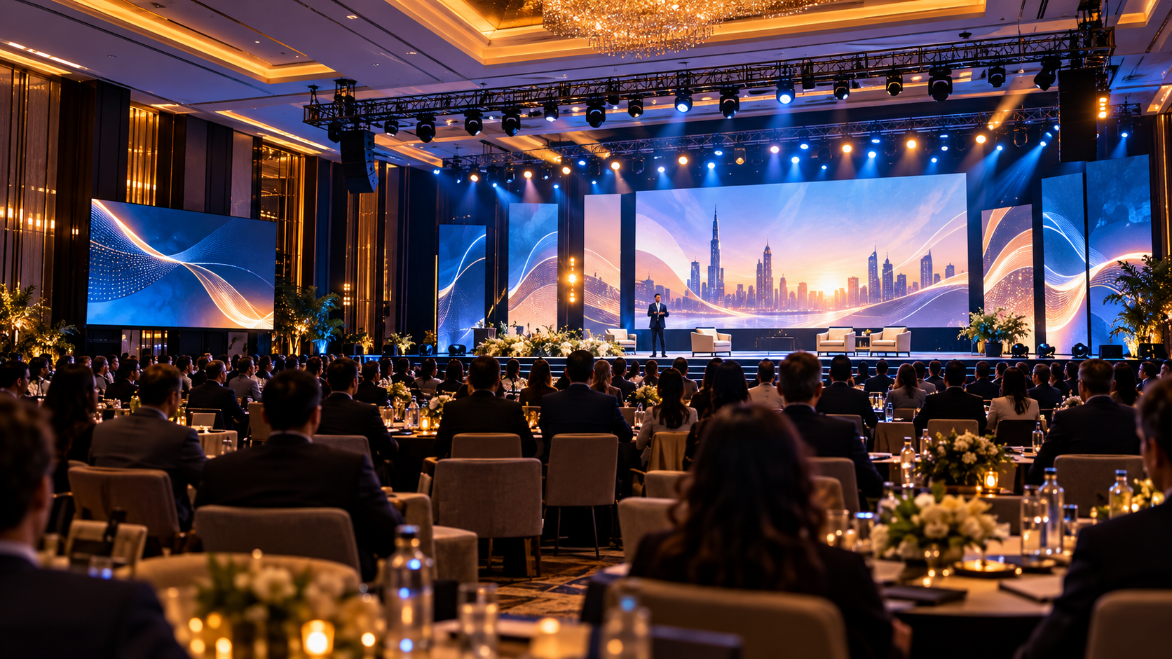 Business guests arriving at a modern convention venue