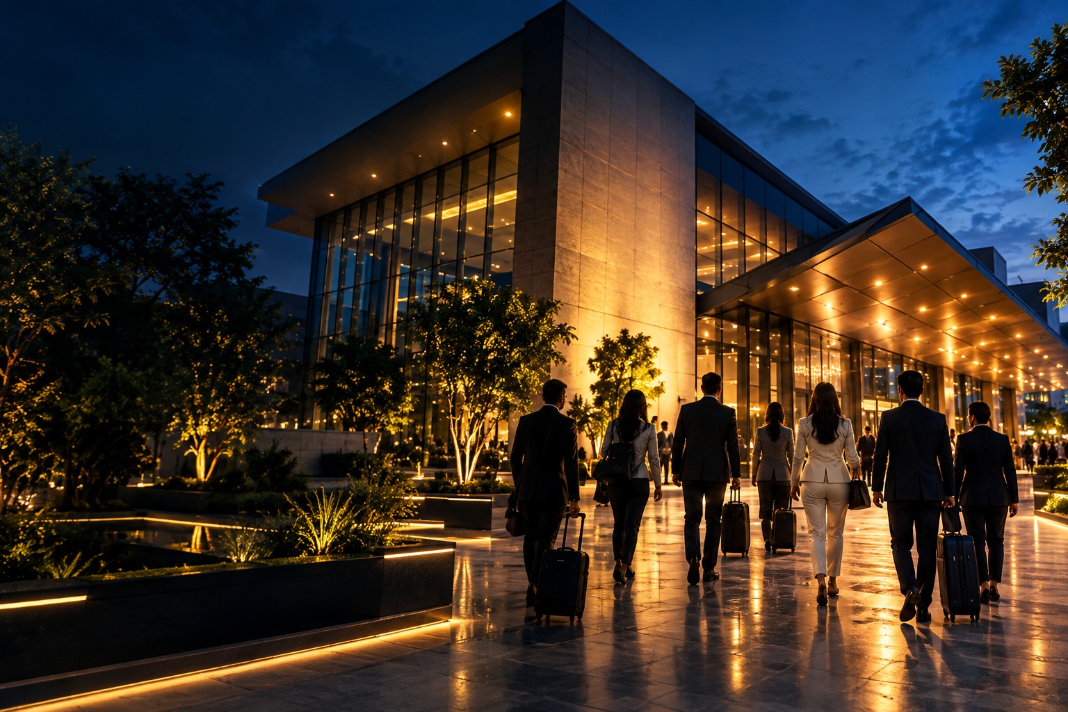 Luxury venue illuminated at evening